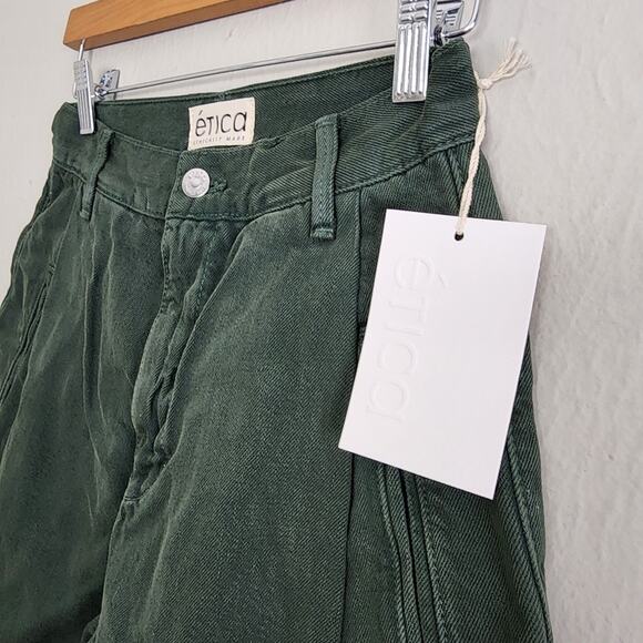 NEW Etica Anthropologie Max Pleated High Waisted Denim Short Seaweed Dark Green - Picture 5 of 11